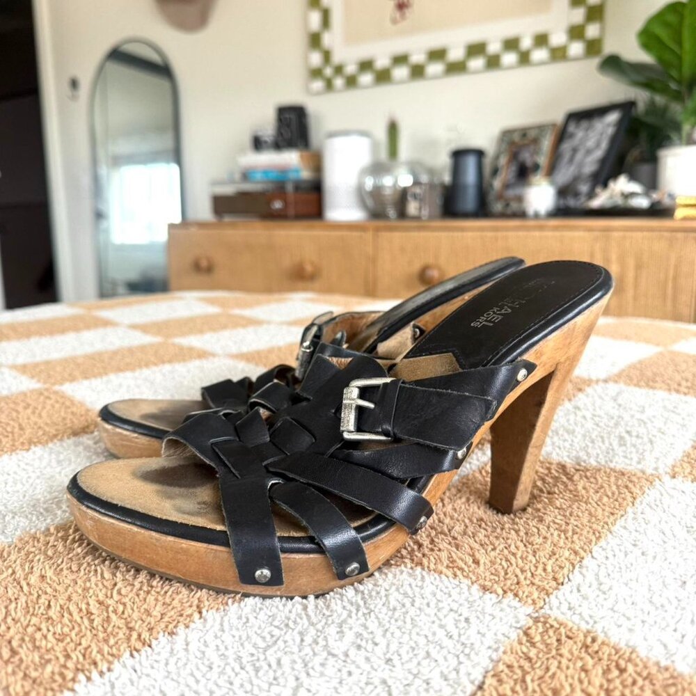 MICHAEL KORS BLACK BOHO LEATHER WOODEN PUMP HEELS WOMENS 8